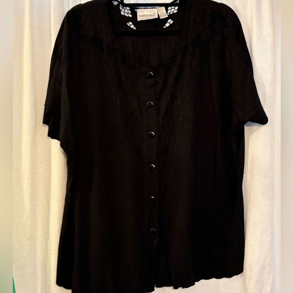 Vintage Fashion Bug Black Button-Down Shirt with Lace Detail